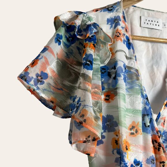 Tanya Taylor Bailey Floral Print Ruffled Wrap Mini Dress Size 2 - Picture 8 of 14